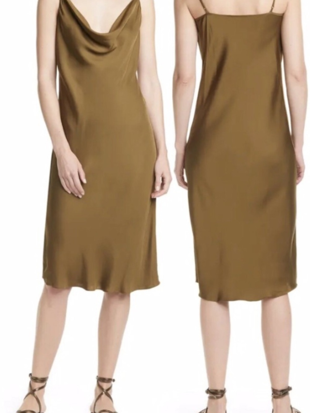 Frame Denim Olive Satin Cowl Midi Slip Dress